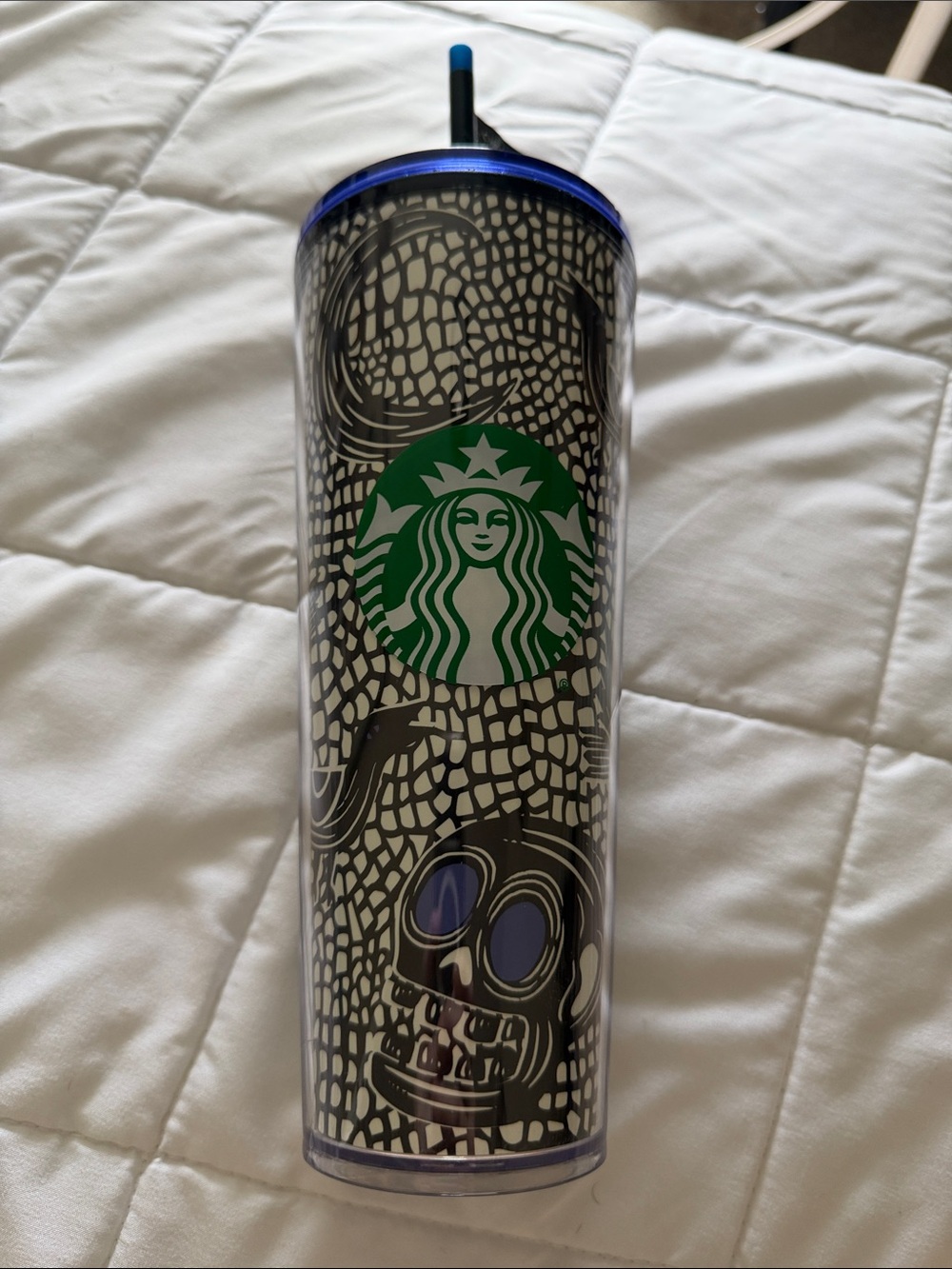 Starbucks Skull Halloween 24oz Tumbler with Blue Lid and Straw